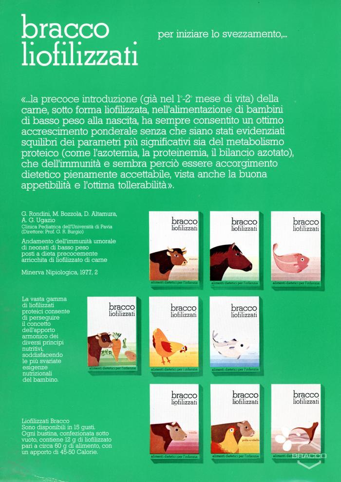 Dépliant pubblicitario dei liofilizzati e liopasti Bracco, [anni '70]