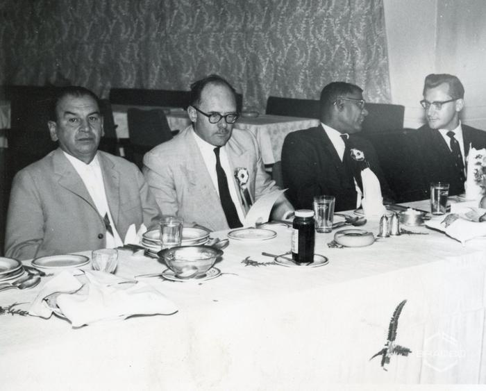 Pranzo al Ritze Hotel Hyderabad. Da sinistra a destra: Mr. Leclerc, Mr. Smith, Mr. P. Tirumala Rao & Mr. R.G. Trewick, 25 gennaio 1964