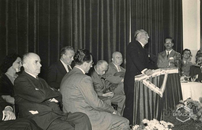 Elio, Fulvio e Tullio Bracco durante le celebrazioni del 25° anniversario della Bracco già Italmerck di Milano, 1952
