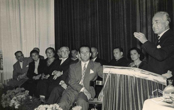 Elio Bracco durante le celebrazioni del 25° anniversario della Bracco già Italmerck di Milano, 1952