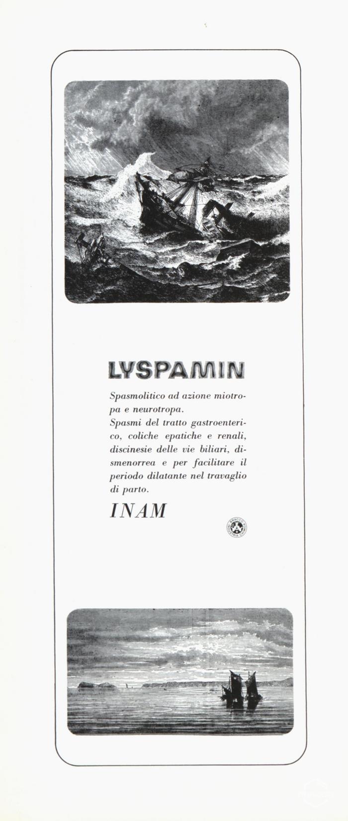 Pubblicità del farmaco "Lyspamin", spasmolitico, dicembre 1967