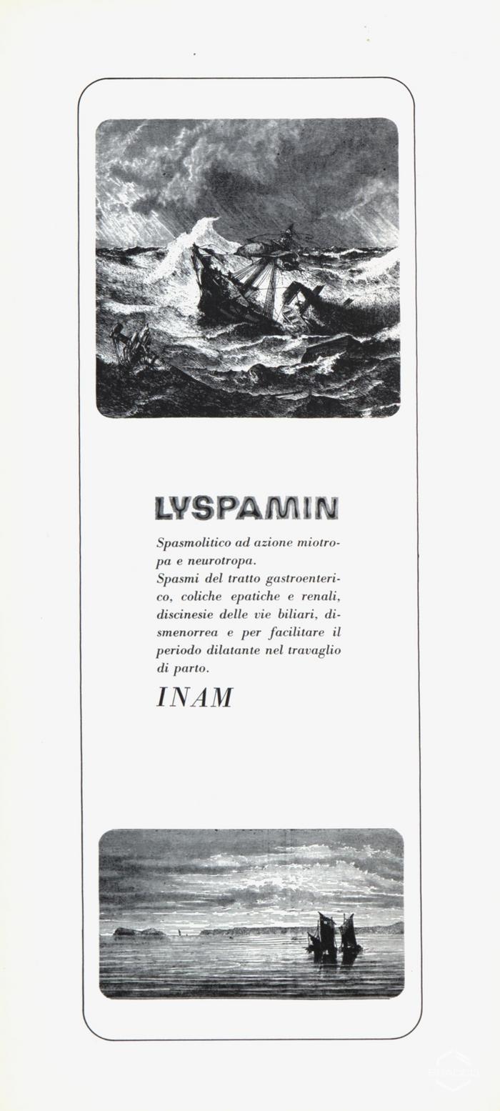Pubblicità del farmaco "Lyspamin", spasmolitico ad azione miotropa e neurotropa, marzo 1968