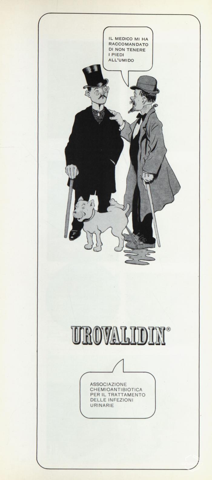 Pubblicità del farmaco "Urovalidin", associazione chemioantibiotica per il trattamento delle infezioni urinarie, marzo 1968