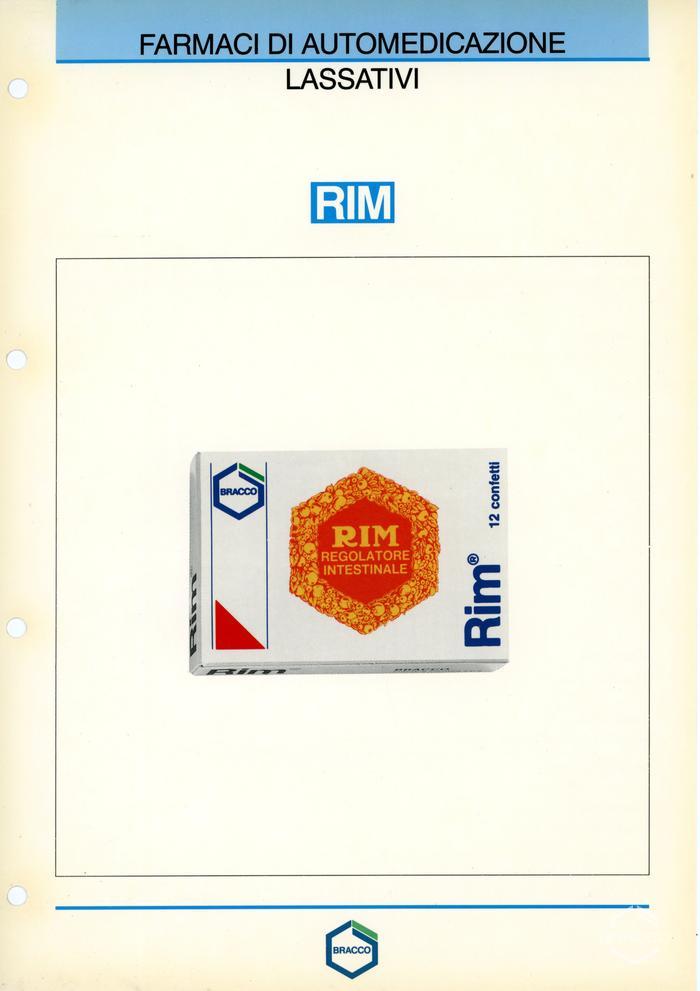 Scheda tecnica del prodotto "RIM", lassativo, 1989